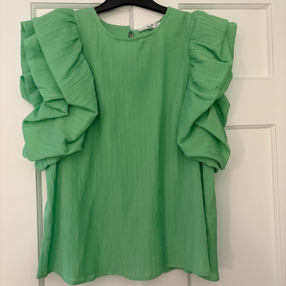 THML green women's blouse with puffy cute sleeves (WORN ONCE!)
